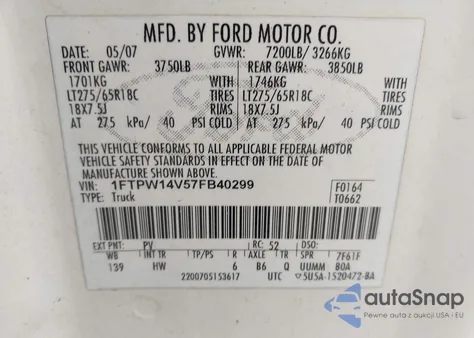 2007 Ford F-150 Fx4/Lariat/Xlt z USA, uszkodzony, nr VIN 1FTPW14V57FB40299